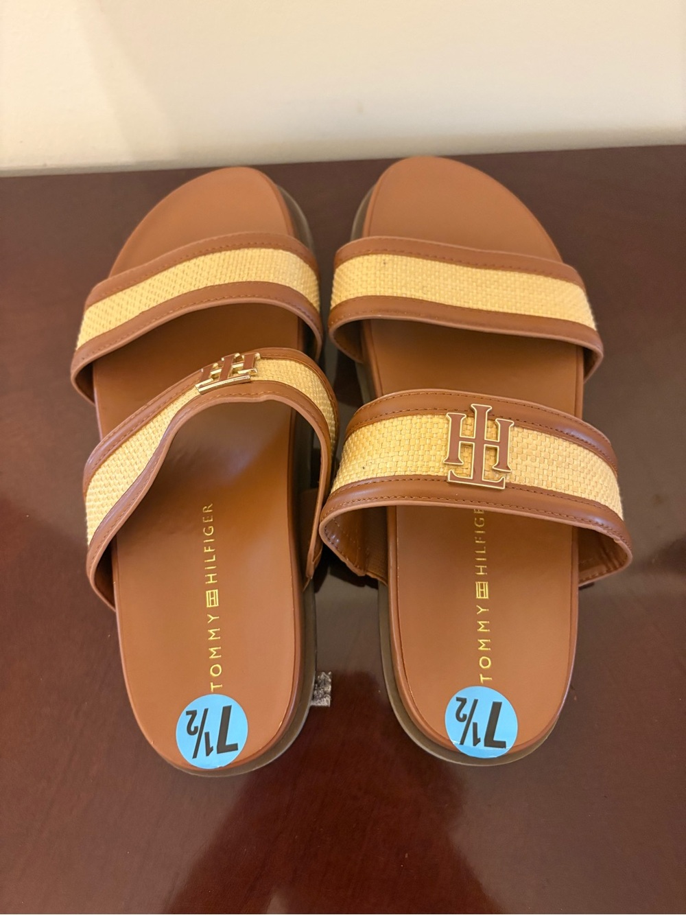 Tommy Hilfiger Tan & Cream Double Strap Slide Sandals